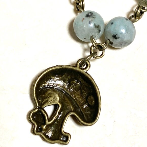Natural Light Teal Kiwi Jasper Necklace, Bronze Round Mushroom+ Genuine Gemstone - Picture 5 of 13